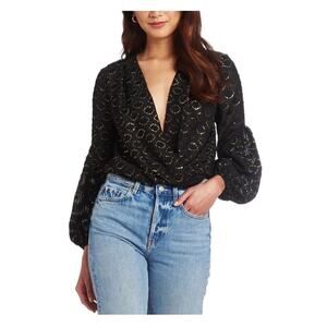 Amanda Uprichard Yuri Black Gold Diamond Pattern Long Sleeve Top Size XS